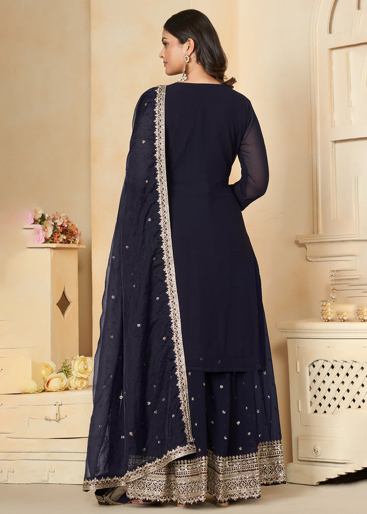 Shop Now Navy Blue Faux Georgette Embroidered Wedding Sharara Suit Online at Empress Clothing in USA, UK, Canada, Italy & Worldwide. 