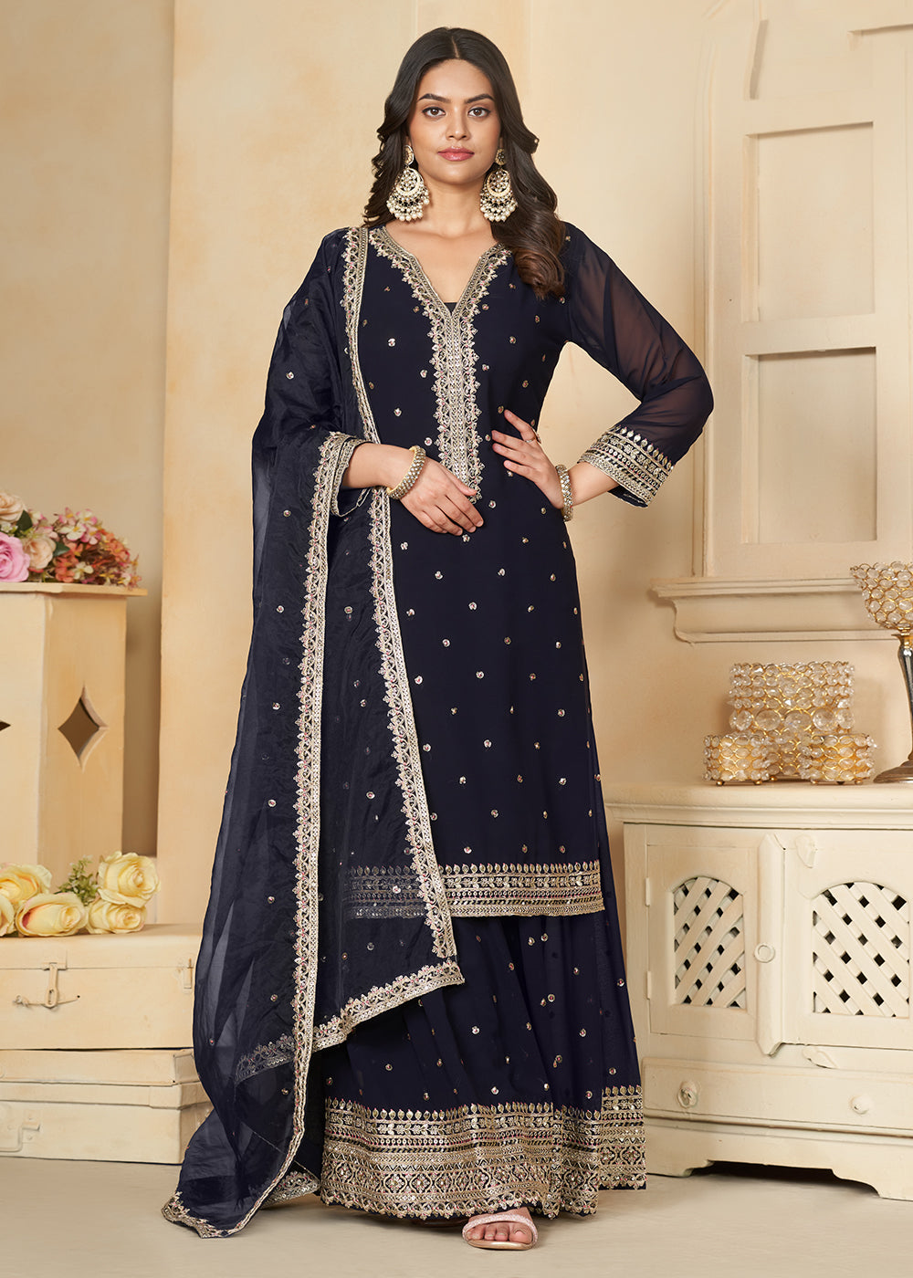 navy blue sharara dress Dark Blue Sharara Kameez for Pakistani Wedding Dresses