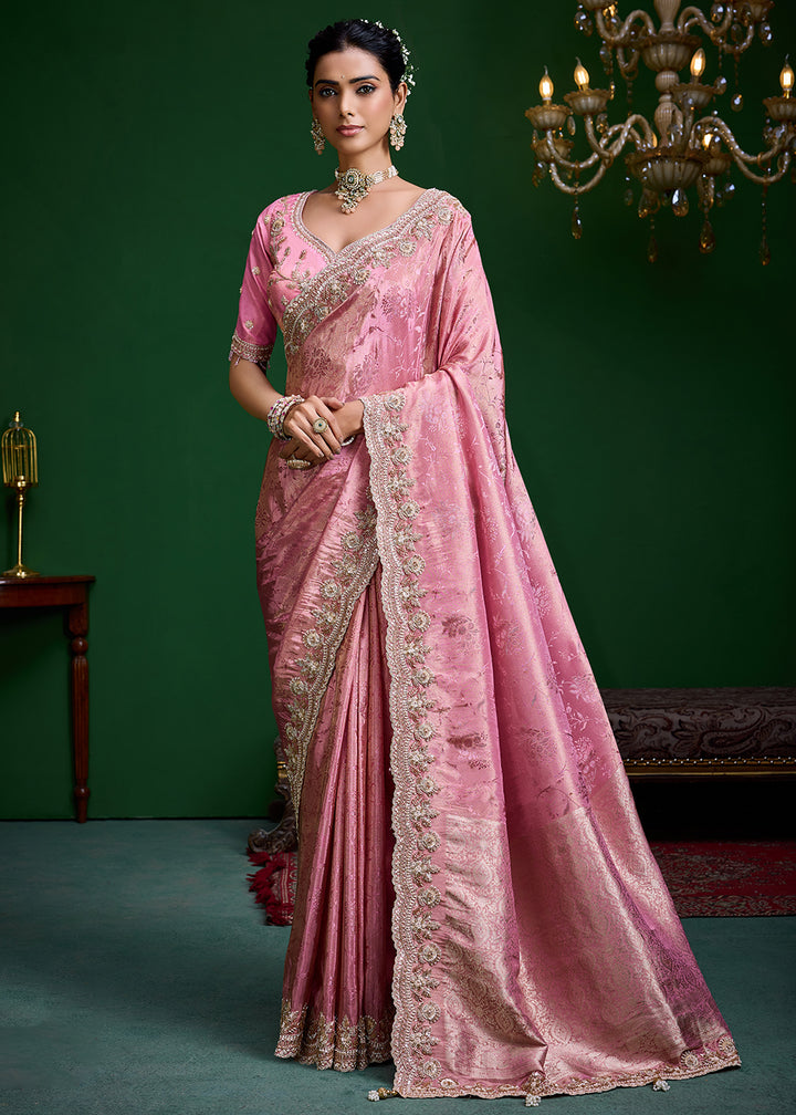Buy Now Rose Pink Tissue Fabric Heavy Designer Wear Saree Online in US, UK, Canada, France, Germany, Denmark, Sweden, Italy, Greece, UAE &amp; Worldwide at Empress.