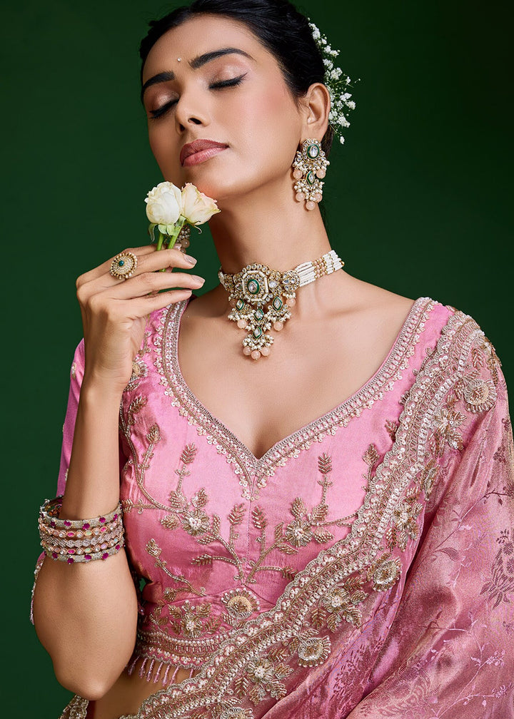 Buy Now Rose Pink Tissue Fabric Heavy Designer Wear Saree Online in US, UK, Canada, France, Germany, Denmark, Sweden, Italy, Greece, UAE &amp; Worldwide at Empress.