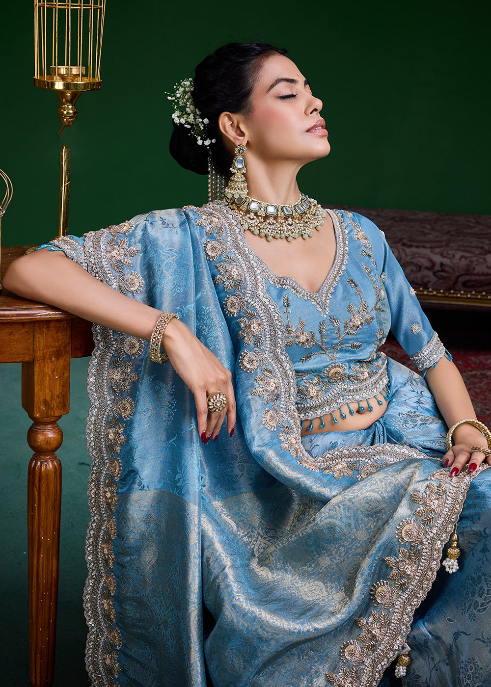 Buy Now Aqua Blue Tissue Fabric Heavy Designer Wear Saree Online in US, UK, Canada, France, Germany, Denmark, Sweden, Italy, Greece, UAE &amp; Worldwide at Empress.