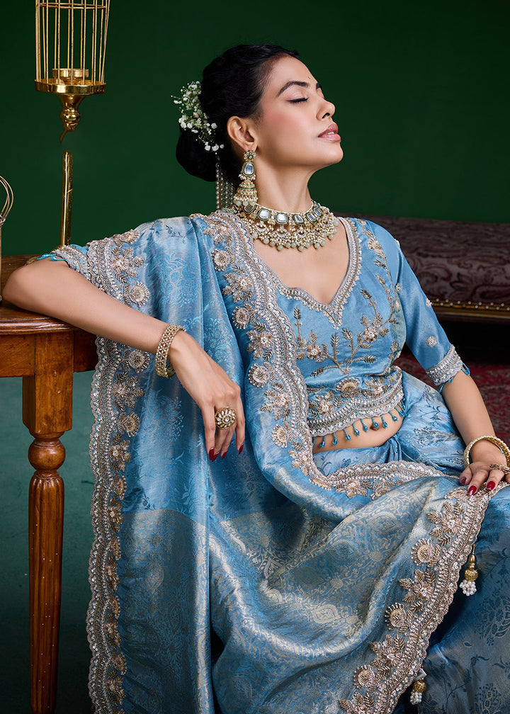 Buy Now Aqua Blue Tissue Fabric Heavy Designer Wear Saree Online in US, UK, Canada, France, Germany, Denmark, Sweden, Italy, Greece, UAE &amp; Worldwide at Empress.