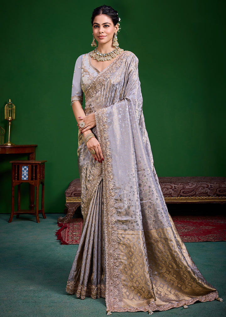 Buy Now Light Grey Tissue Fabric Heavy Designer Wear Saree Online in US, UK, Canada, France, Germany, Denmark, Sweden, Italy, Greece, UAE &amp; Worldwide at Empress.