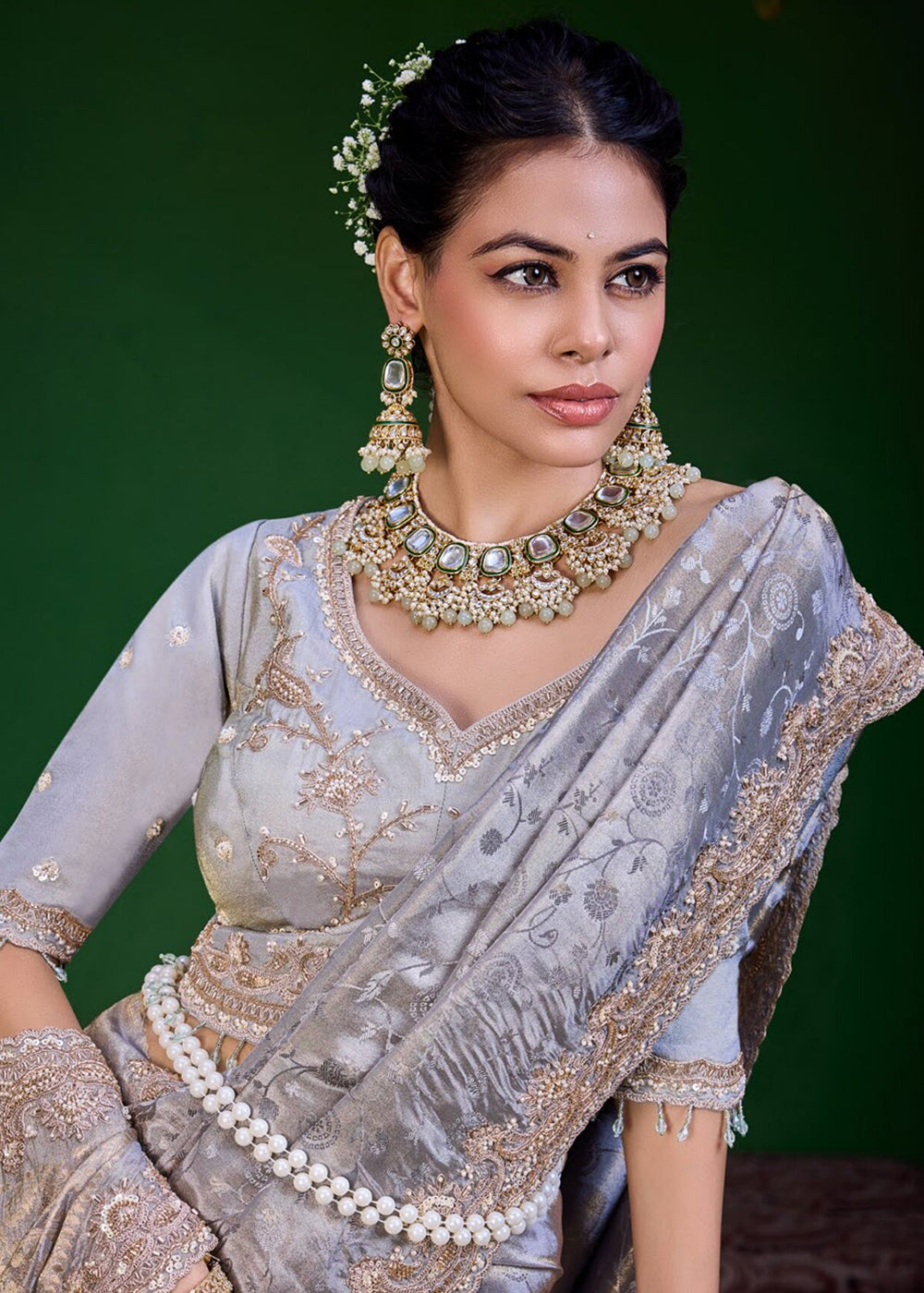Buy Now Light Grey Tissue Fabric Heavy Designer Wear Saree Online in US, UK, Canada, France, Germany, Denmark, Sweden, Italy, Greece, UAE & Worldwide at Empress.