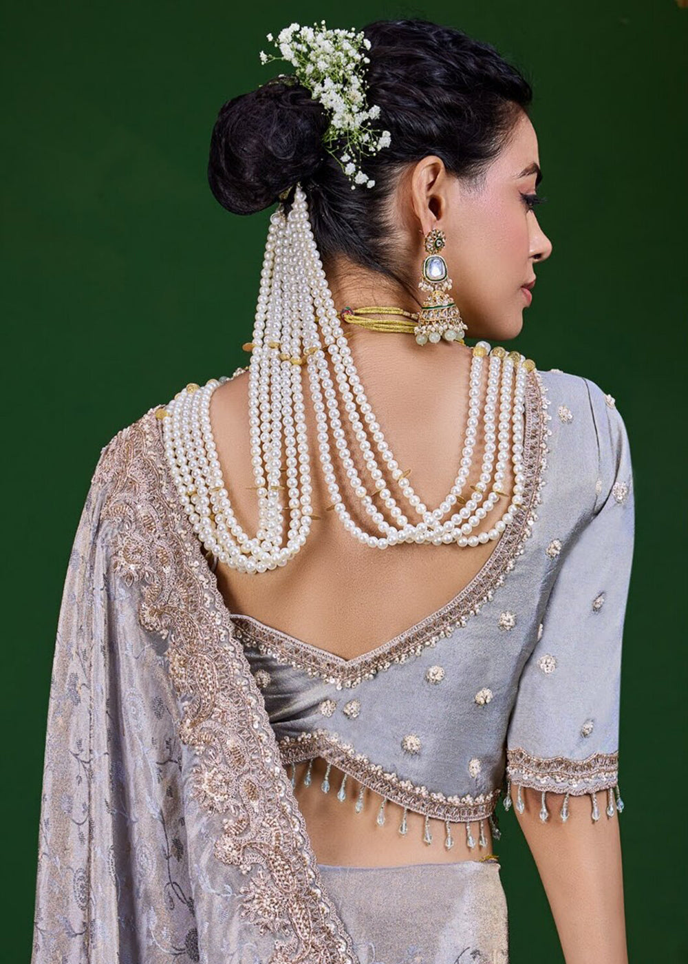 Buy Now Light Grey Tissue Fabric Heavy Designer Wear Saree Online in US, UK, Canada, France, Germany, Denmark, Sweden, Italy, Greece, UAE &amp; Worldwide at Empress.