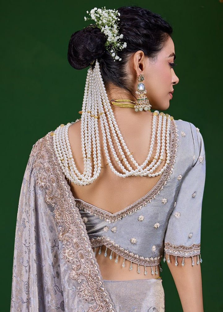 Buy Now Light Grey Tissue Fabric Heavy Designer Wear Saree Online in US, UK, Canada, France, Germany, Denmark, Sweden, Italy, Greece, UAE &amp; Worldwide at Empress.
