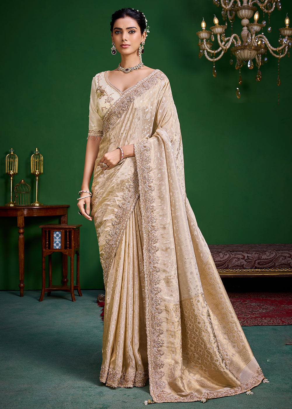 Buy Now Cream Tissue Fabric Heavy Designer Wear Saree Online in US, UK, Canada, France, Germany, Denmark, Sweden, Italy, Greece, UAE & Worldwide at Empress