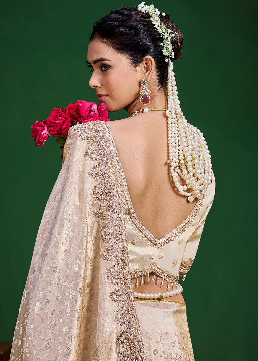 Buy Now Cream Tissue Fabric Heavy Designer Wear Saree Online in US, UK, Canada, France, Germany, Denmark, Sweden, Italy, Greece, UAE & Worldwide at Empress