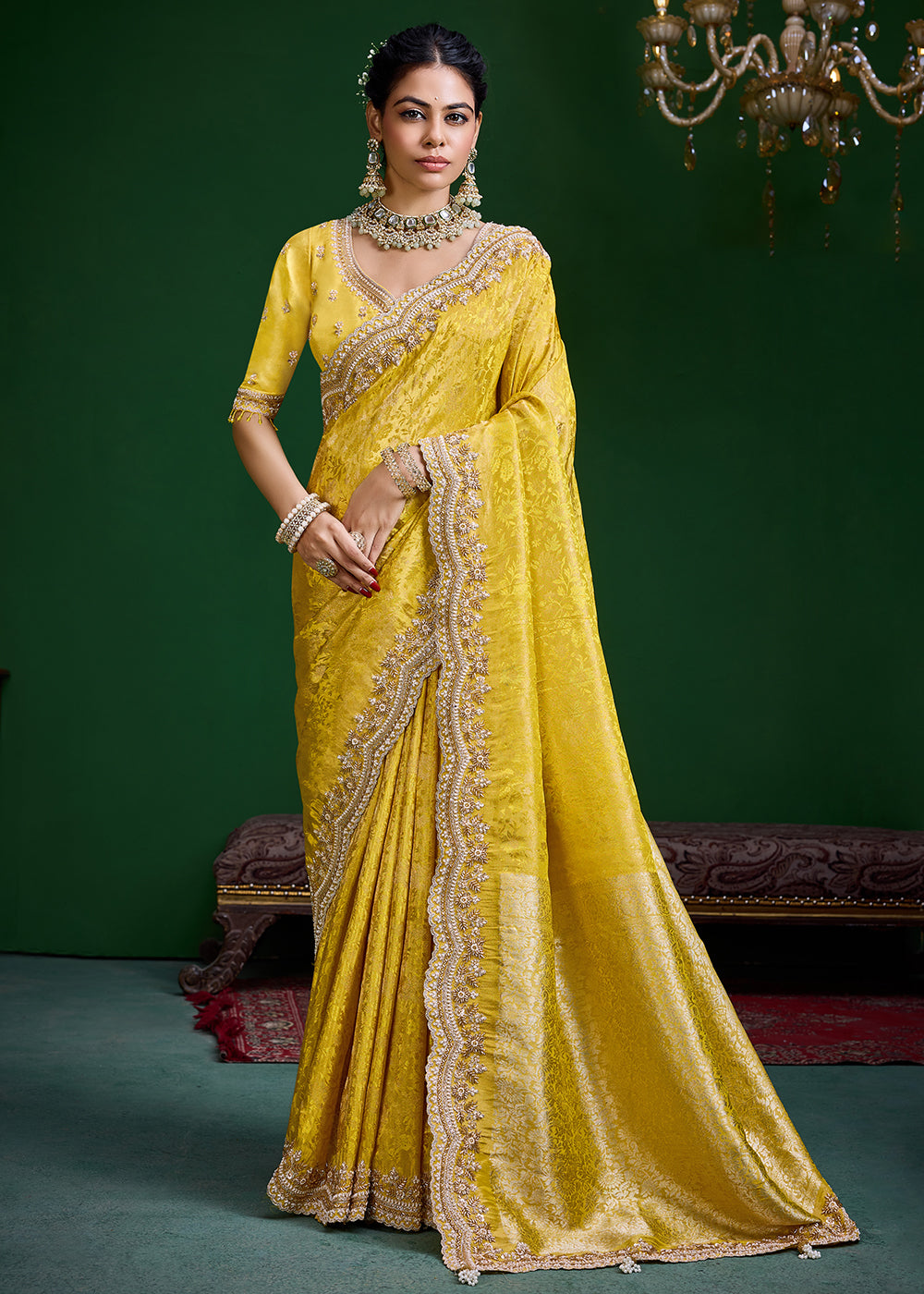 Buy Now Yellow Tissue Fabric Heavy Designer Wear Saree Online in US, UK, Canada, France, Germany, Denmark, Sweden, Italy, Greece, UAE & Worldwide at Empress.