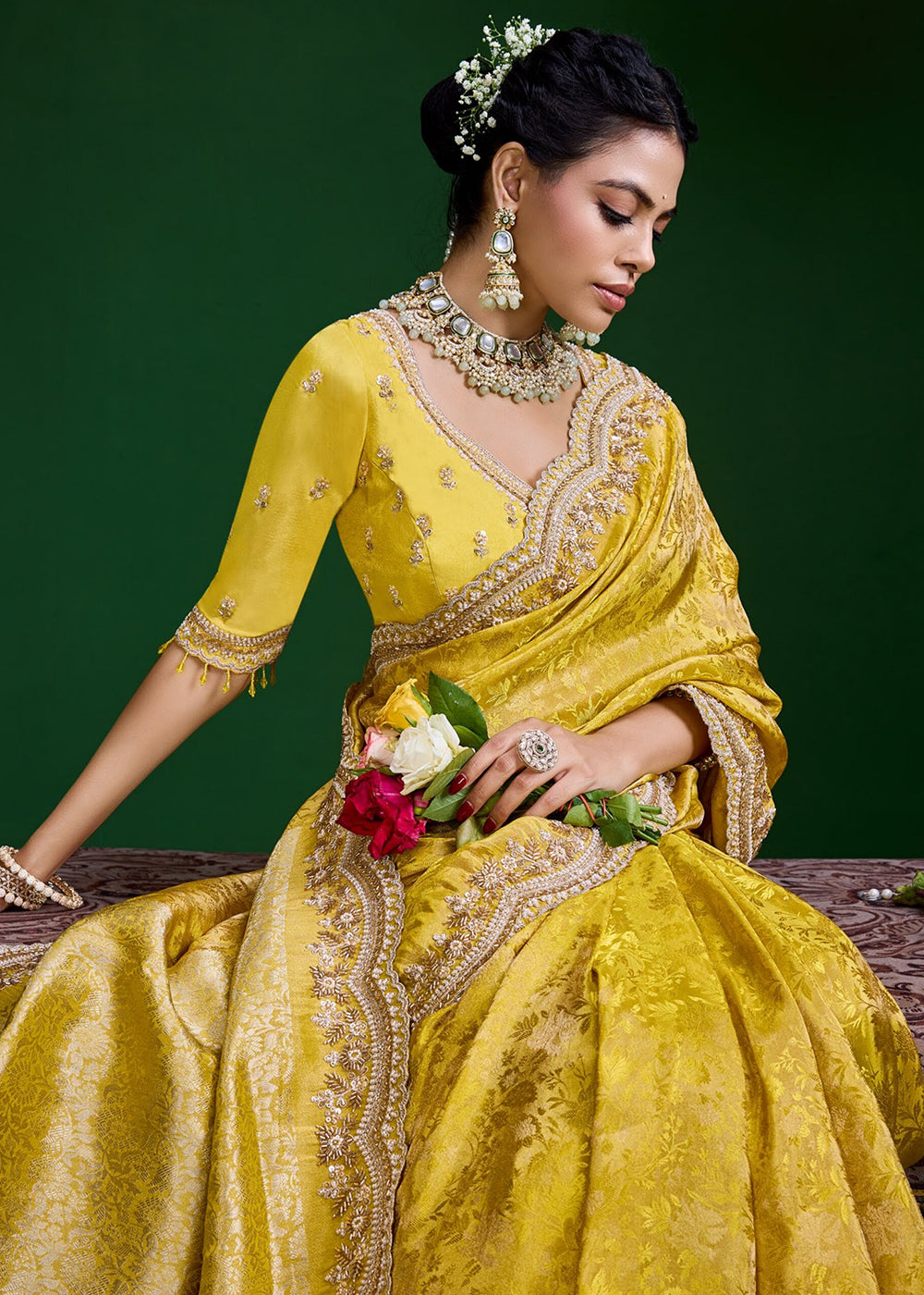 Buy Now Yellow Tissue Fabric Heavy Designer Wear Saree Online in US, UK, Canada, France, Germany, Denmark, Sweden, Italy, Greece, UAE &amp; Worldwide at Empress.