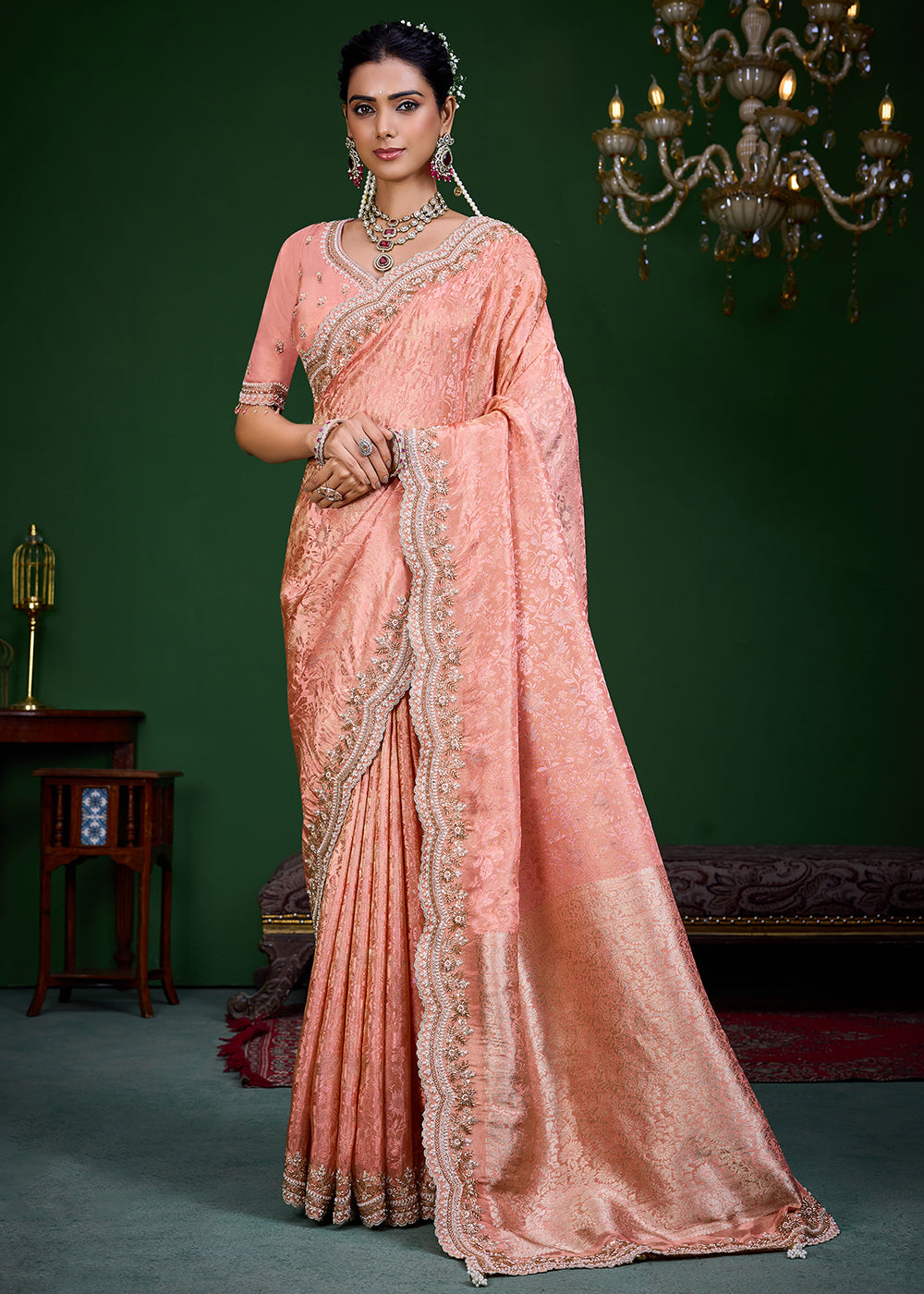 Buy Now Peach Tissue Fabric Heavy Designer Wear Saree Online in US, UK, Canada, France, Germany, Denmark, Sweden, Italy, Greece, UAE & Worldwide at Empress.