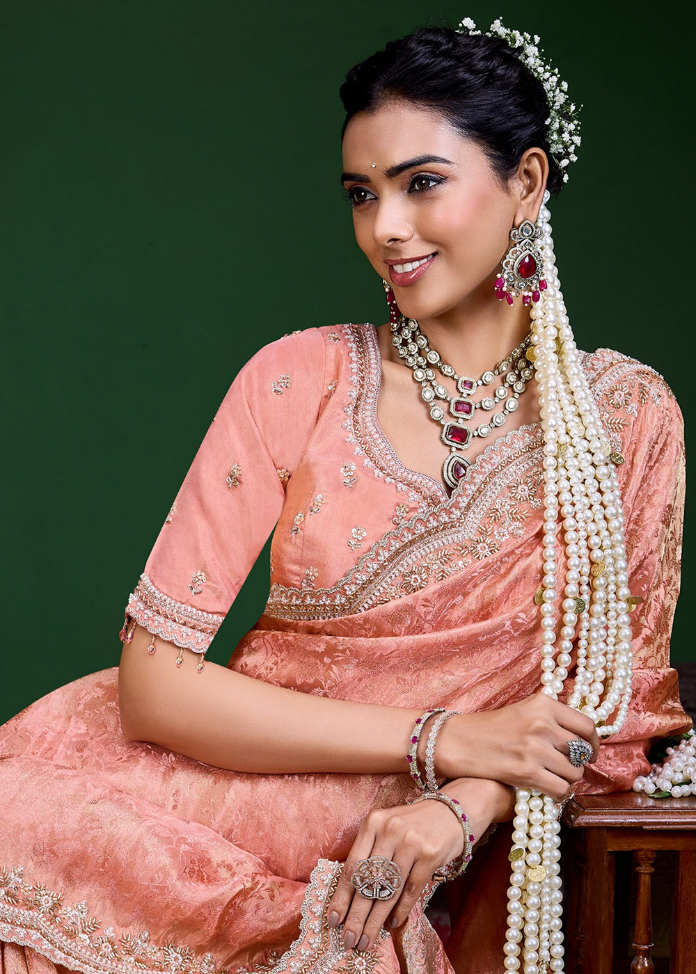 Buy Now Peach Tissue Fabric Heavy Designer Wear Saree Online in US, UK, Canada, France, Germany, Denmark, Sweden, Italy, Greece, UAE &amp; Worldwide at Empress.