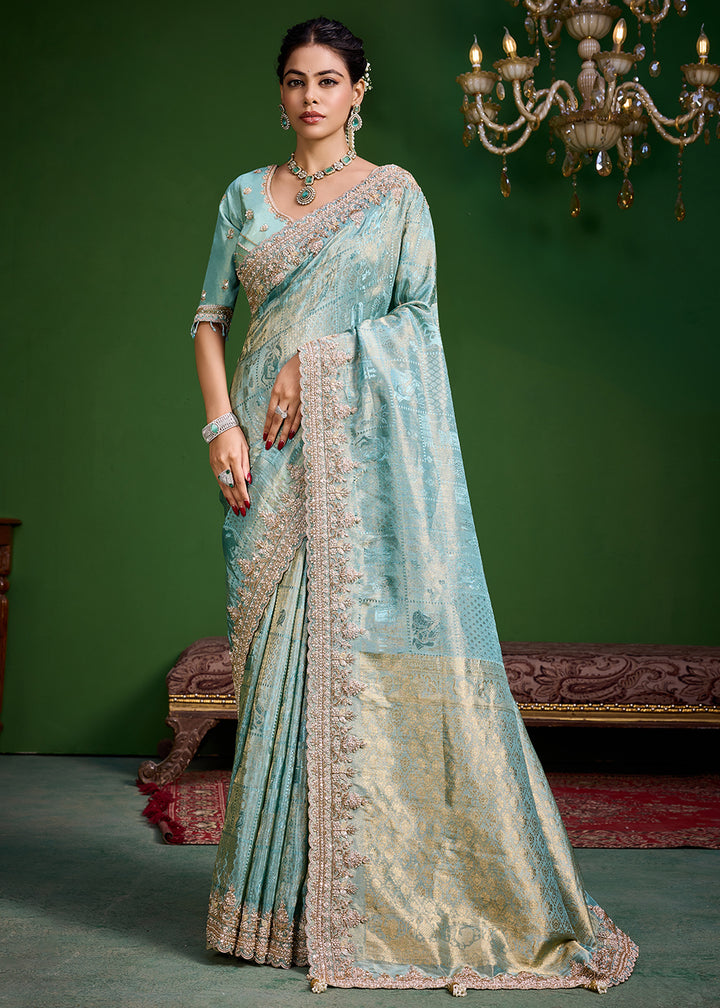 Buy Now Sea Green Tissue Fabric Heavy Designer Wear Saree Online in US, UK, Canada, France, Germany, Denmark, Sweden, Italy, Greece, UAE &amp; Worldwide at Empress.