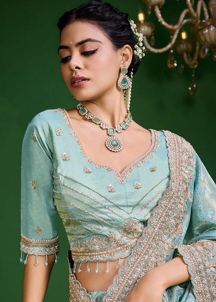 Buy Now Sea Green Tissue Fabric Heavy Designer Wear Saree Online in US, UK, Canada, France, Germany, Denmark, Sweden, Italy, Greece, UAE &amp; Worldwide at Empress.