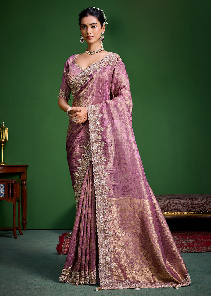 Buy Now Purple Tissue Fabric Heavy Designer Wear Saree Online in US, UK, Canada, France, Germany, Denmark, Sweden, Italy, Greece, UAE &amp; Worldwide at Empress.