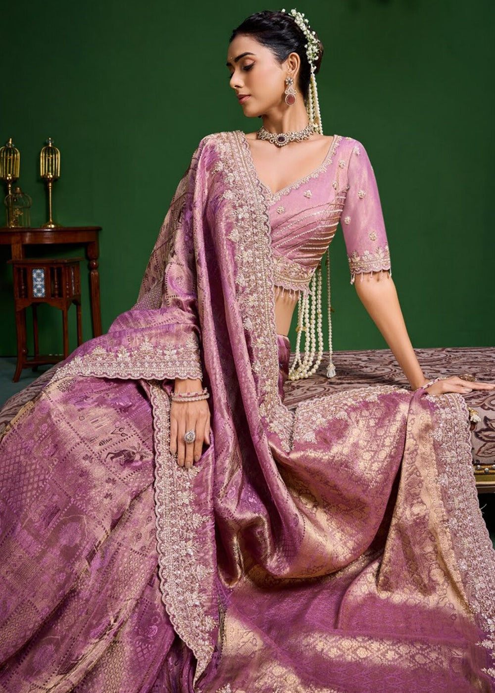 Buy Now Purple Tissue Fabric Heavy Designer Wear Saree Online in US, UK, Canada, France, Germany, Denmark, Sweden, Italy, Greece, UAE &amp; Worldwide at Empress.