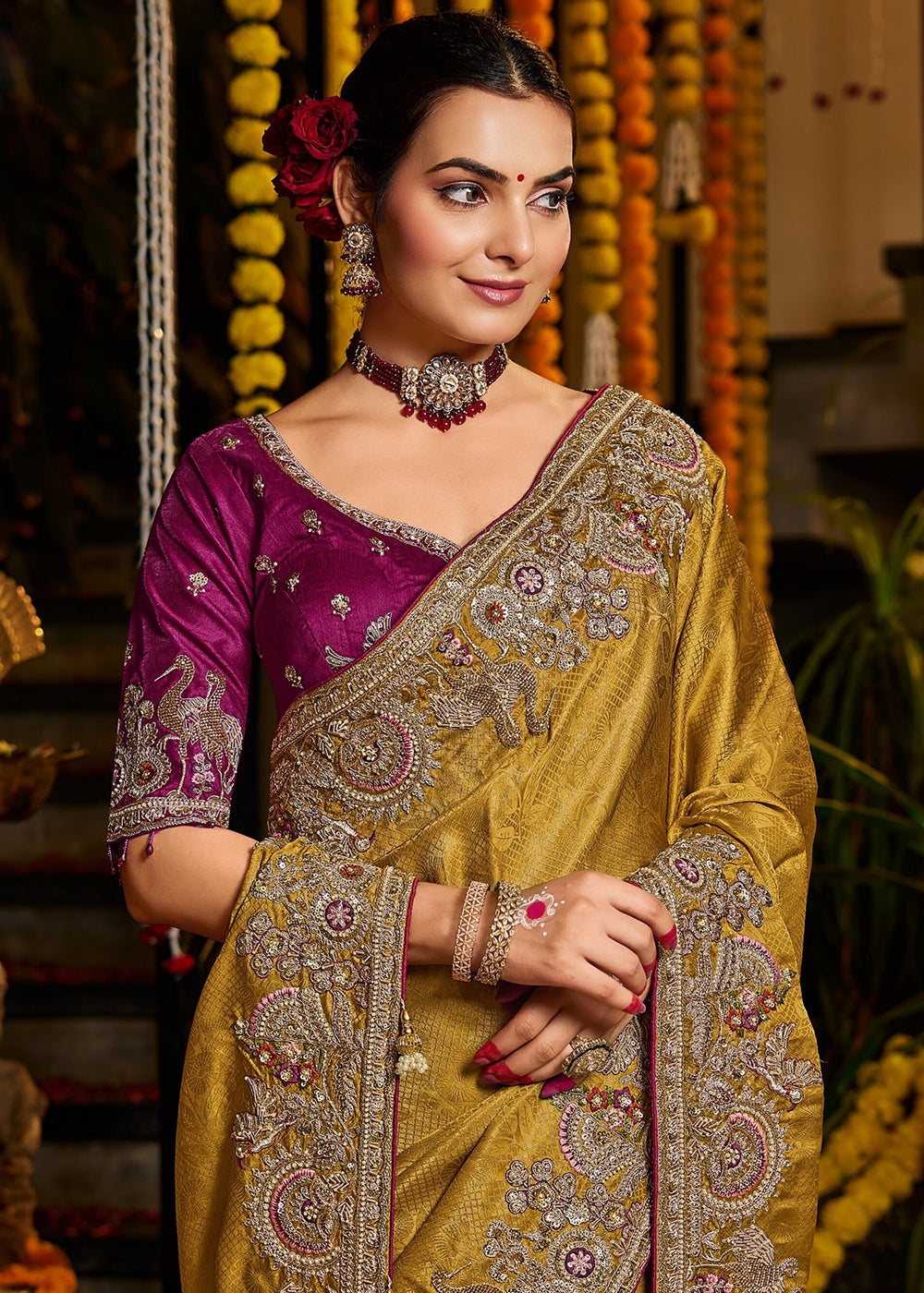 Buy Now Mustard Tissue Fabric with Heavy Zardosi Work Saree Online in US, UK, Canada, France, Germany, Denmark, Sweden, Australia, UAE & Worldwide at Empress.