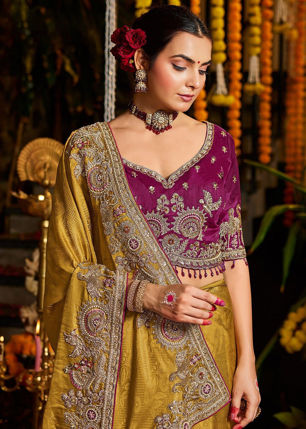 Buy Now Mustard Tissue Fabric with Heavy Zardosi Work Saree Online in US, UK, Canada, France, Germany, Denmark, Sweden, Australia, UAE &amp; Worldwide at Empress.