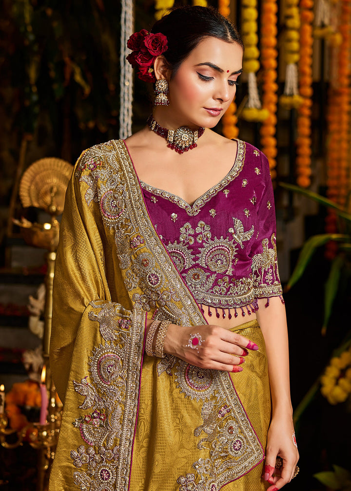 Buy Now Mustard Tissue Fabric with Heavy Zardosi Work Saree Online in US, UK, Canada, France, Germany, Denmark, Sweden, Australia, UAE &amp; Worldwide at Empress.