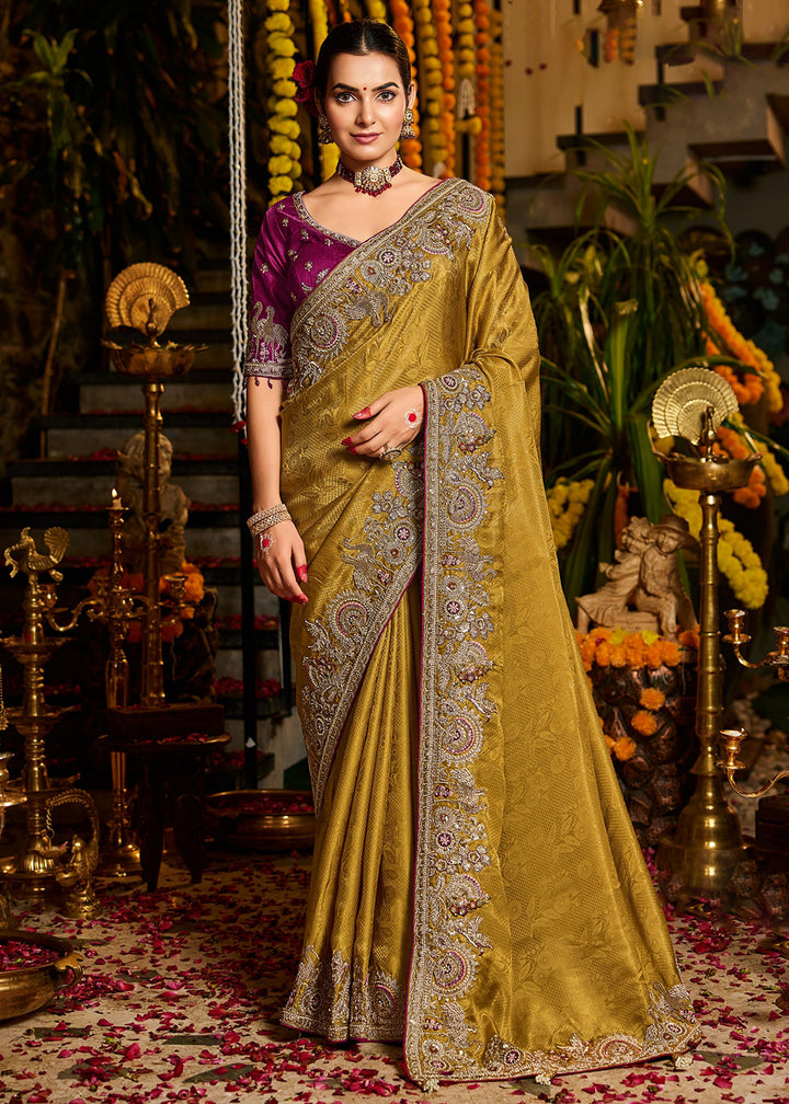 Buy Now Mustard Tissue Fabric with Heavy Zardosi Work Saree Online in US, UK, Canada, France, Germany, Denmark, Sweden, Australia, UAE &amp; Worldwide at Empress.