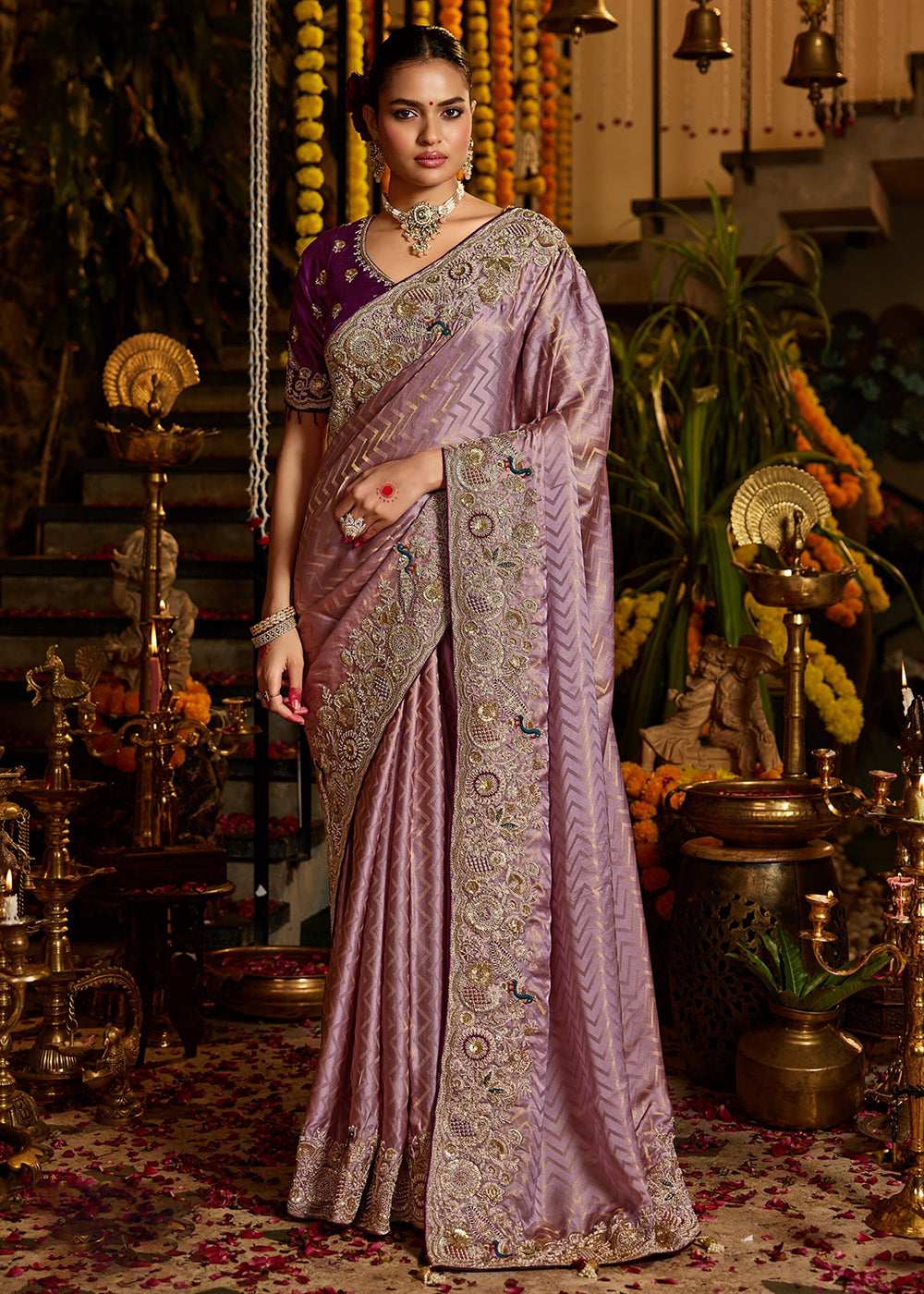Buy Now Purple Tissue Fabric with Heavy Zardosi Work Saree Online in US, UK, Canada, France, Germany, Denmark, Sweden, Australia, UAE & Worldwide at Empress.
