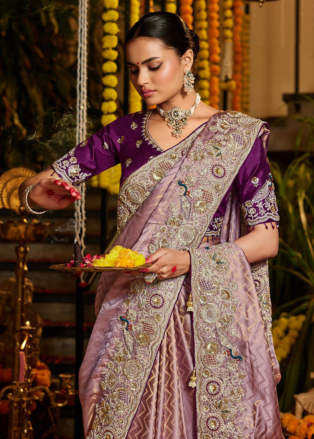 Buy Now Purple Tissue Fabric with Heavy Zardosi Work Saree Online in US, UK, Canada, France, Germany, Denmark, Sweden, Australia, UAE &amp; Worldwide at Empress.