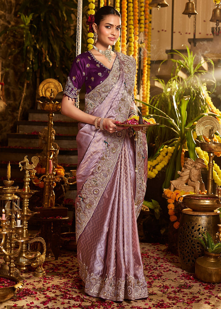 Buy Now Purple Tissue Fabric with Heavy Zardosi Work Saree Online in US, UK, Canada, France, Germany, Denmark, Sweden, Australia, UAE &amp; Worldwide at Empress.