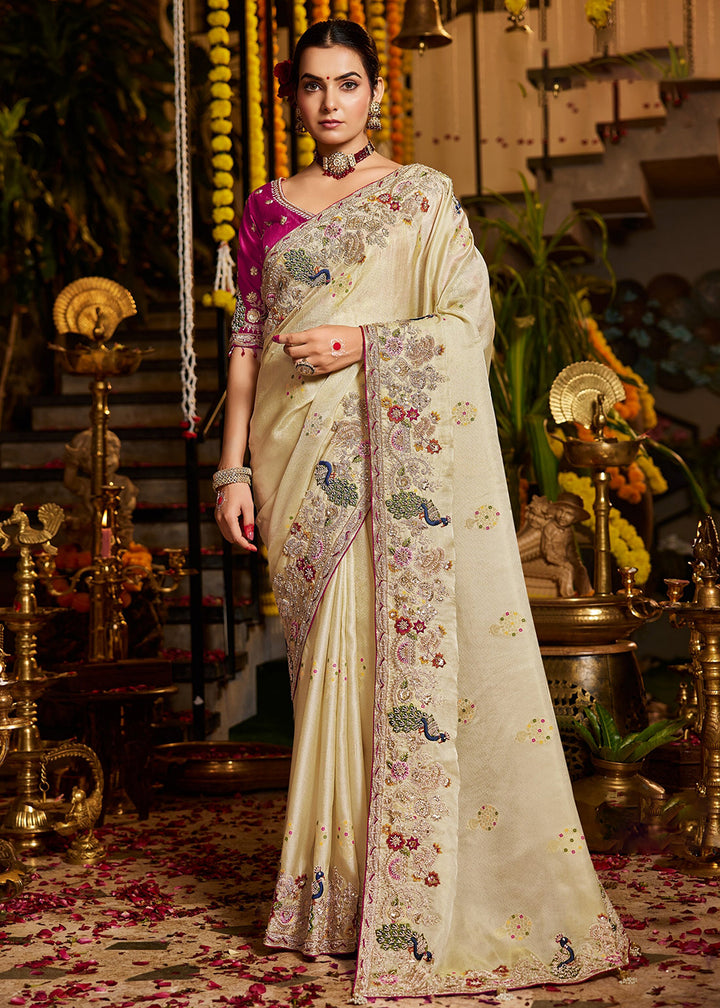 Buy Now Cream Tissue Fabric with Heavy Zardosi Work Saree Online in US, UK, Canada, France, Germany, Denmark, Sweden, Australia, UAE &amp; Worldwide at Empress.