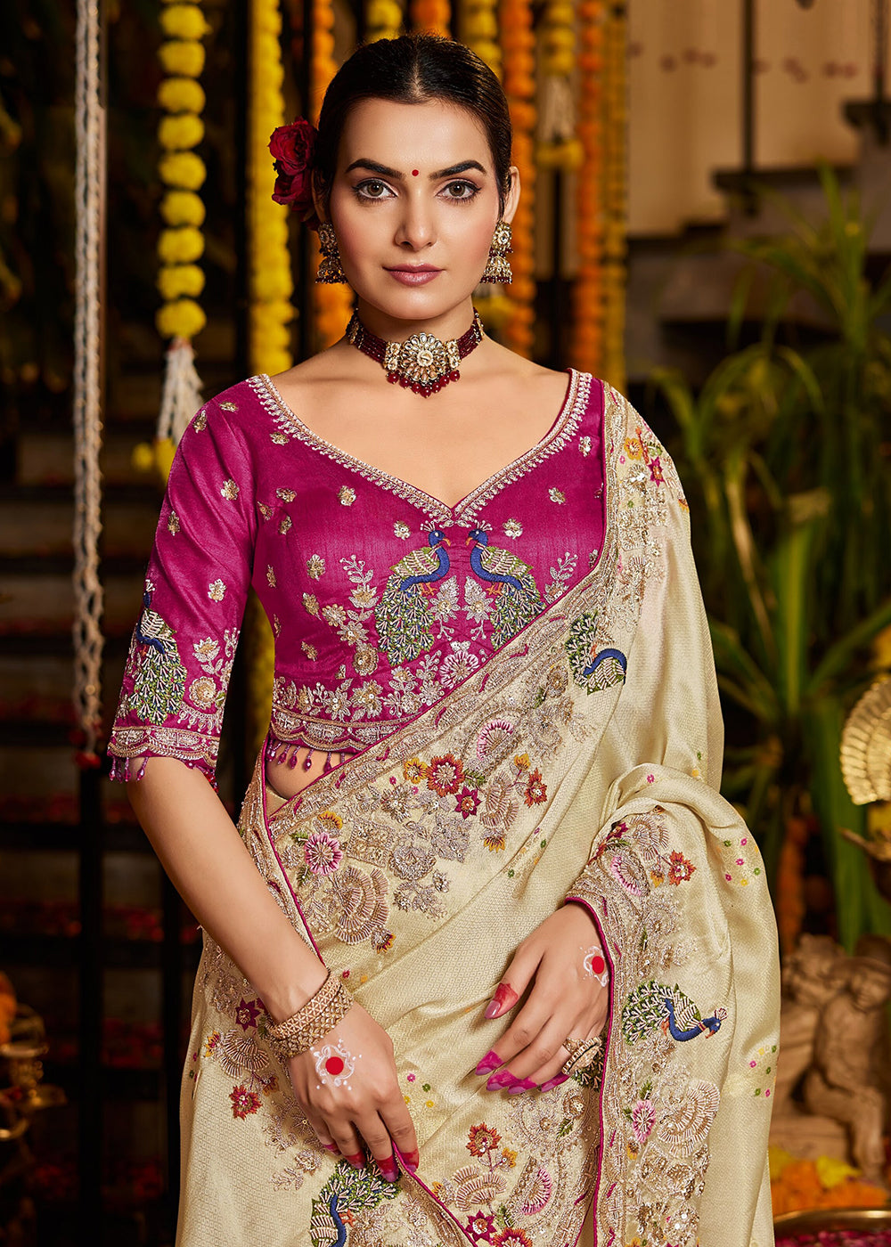 Buy Now Cream Tissue Fabric with Heavy Zardosi Work Saree Online in US, UK, Canada, France, Germany, Denmark, Sweden, Australia, UAE & Worldwide at Empress.