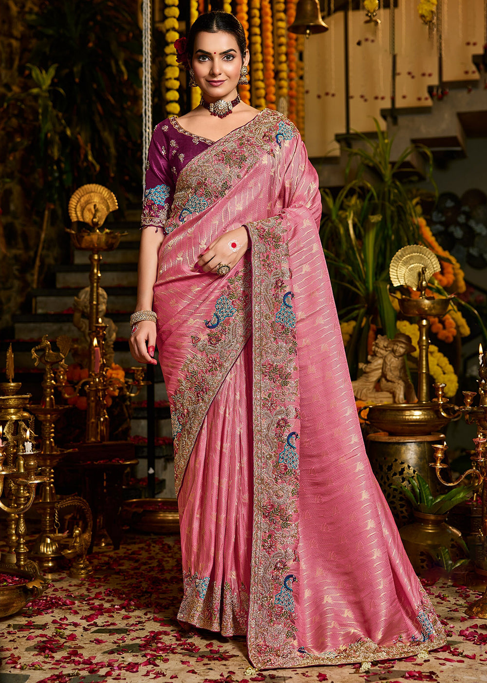 Buy Now Pink Tissue Fabric with Heavy Zardosi Work Saree Online in US, UK, Canada, France, Germany, Denmark, Sweden, Australia, UAE & Worldwide at Empress.