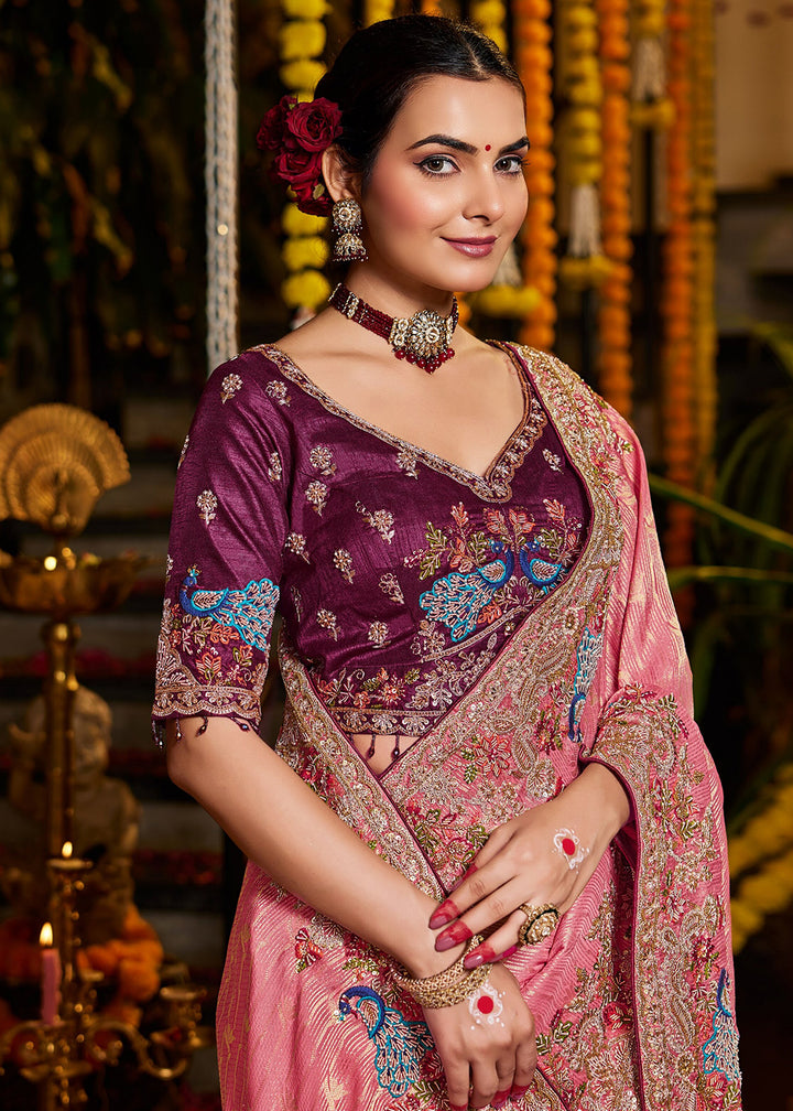 Buy Now Pink Tissue Fabric with Heavy Zardosi Work Saree Online in US, UK, Canada, France, Germany, Denmark, Sweden, Australia, UAE &amp; Worldwide at Empress.