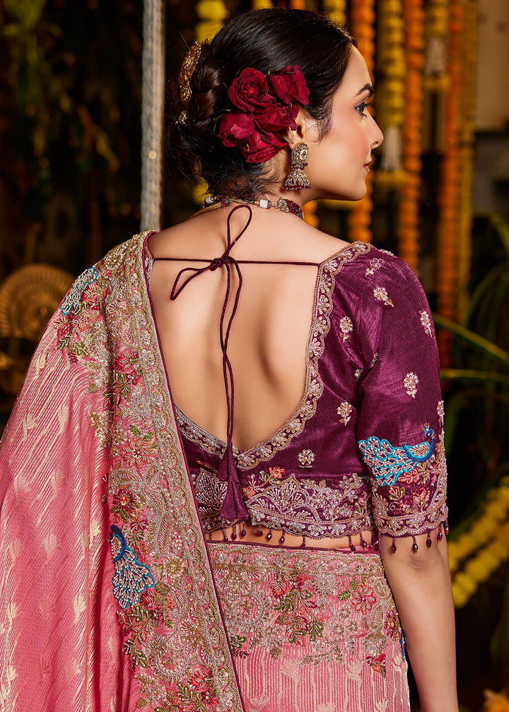 Buy Now Pink Tissue Fabric with Heavy Zardosi Work Saree Online in US, UK, Canada, France, Germany, Denmark, Sweden, Australia, UAE &amp; Worldwide at Empress.