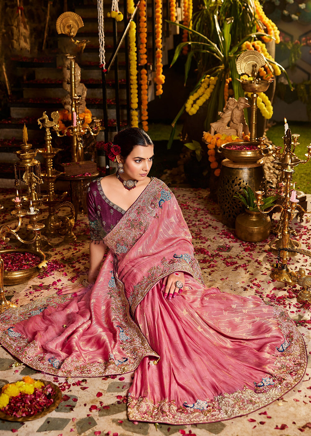 Buy Now Pink Tissue Fabric with Heavy Zardosi Work Saree Online in US, UK, Canada, France, Germany, Denmark, Sweden, Australia, UAE &amp; Worldwide at Empress.