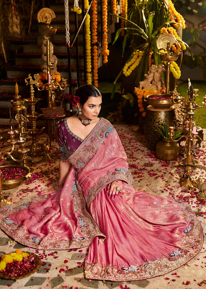 Buy Now Pink Tissue Fabric with Heavy Zardosi Work Saree Online in US, UK, Canada, France, Germany, Denmark, Sweden, Australia, UAE &amp; Worldwide at Empress.
