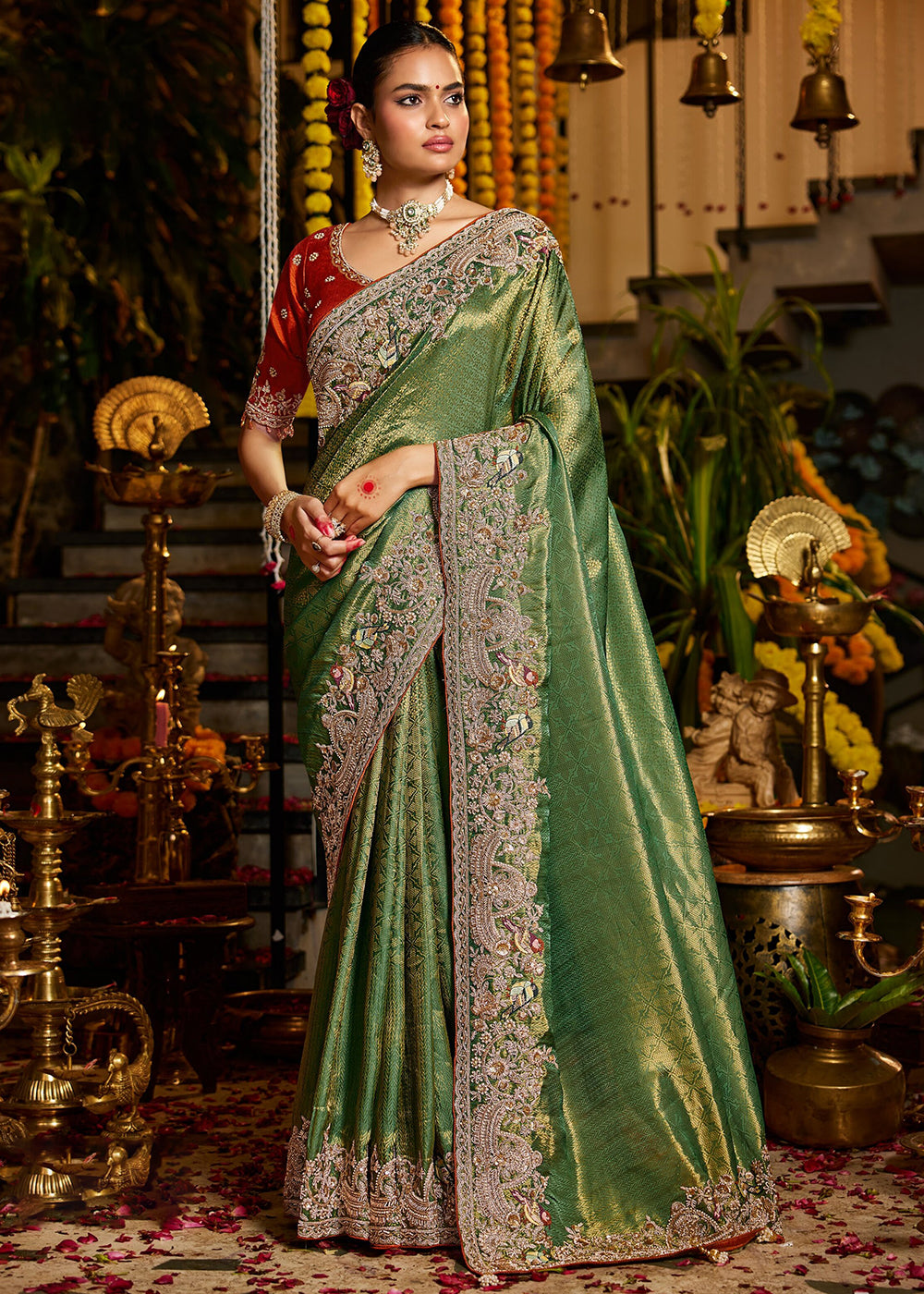 Buy Now Green Tissue Fabric with Heavy Zardosi Work Saree Online in US, UK, Canada, France, Germany, Denmark, Sweden, Australia, UAE & Worldwide at Empress.