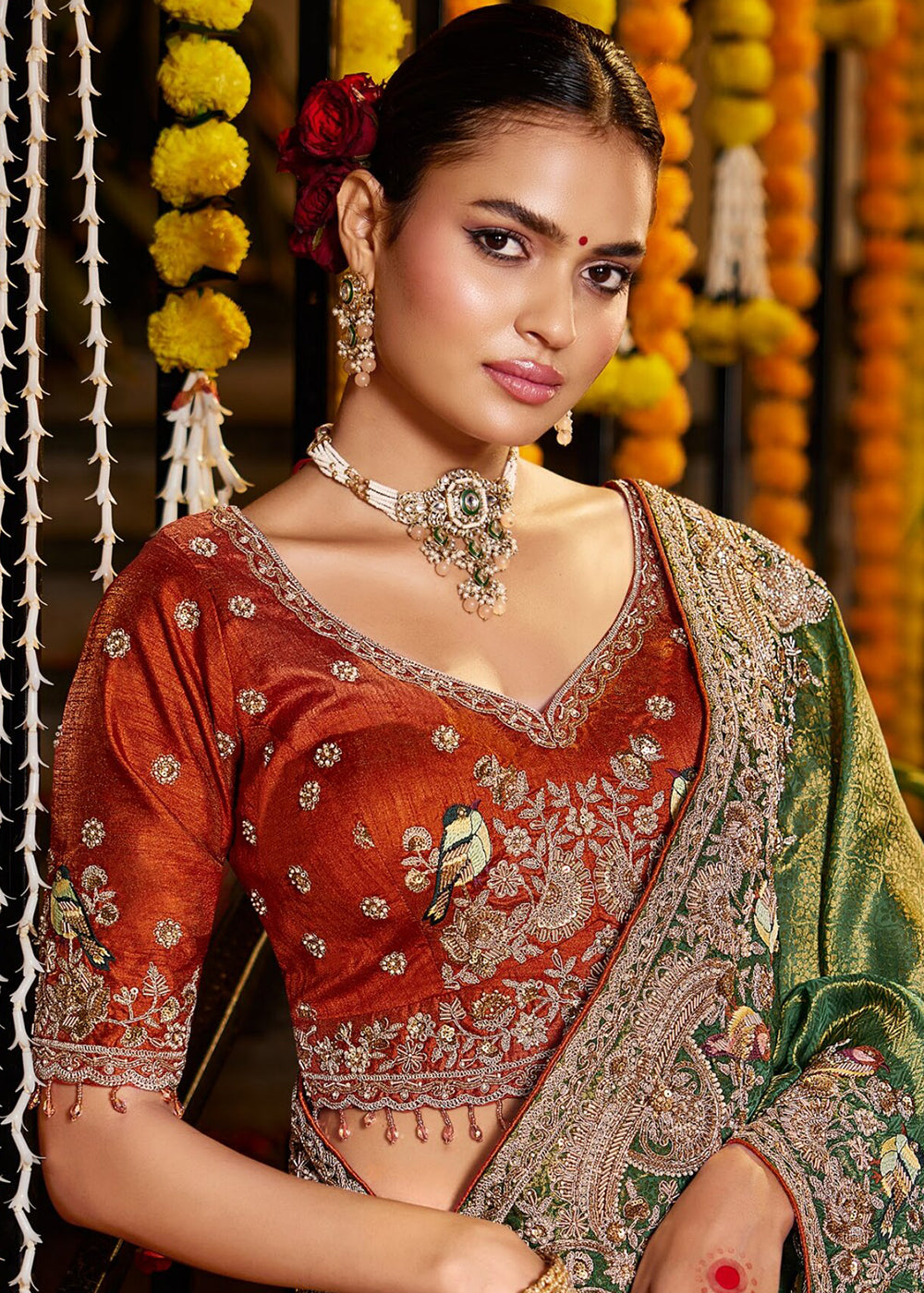 Buy Now Green Tissue Fabric with Heavy Zardosi Work Saree Online in US, UK, Canada, France, Germany, Denmark, Sweden, Australia, UAE & Worldwide at Empress.