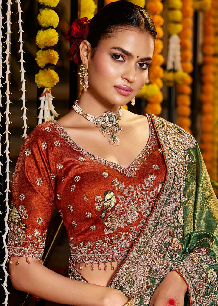 Buy Now Green Tissue Fabric with Heavy Zardosi Work Saree Online in US, UK, Canada, France, Germany, Denmark, Sweden, Australia, UAE &amp; Worldwide at Empress.