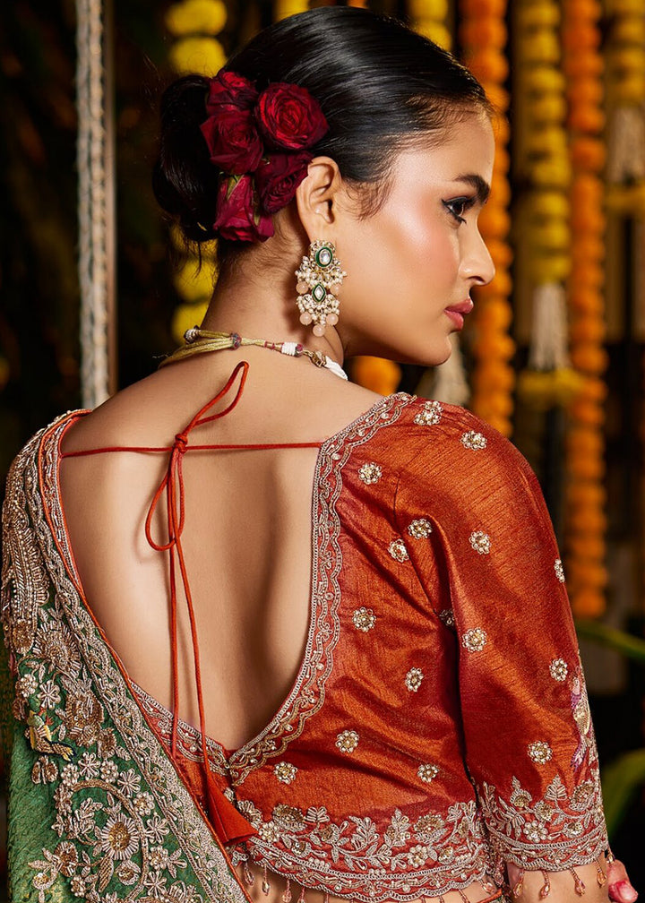Buy Now Green Tissue Fabric with Heavy Zardosi Work Saree Online in US, UK, Canada, France, Germany, Denmark, Sweden, Australia, UAE &amp; Worldwide at Empress.