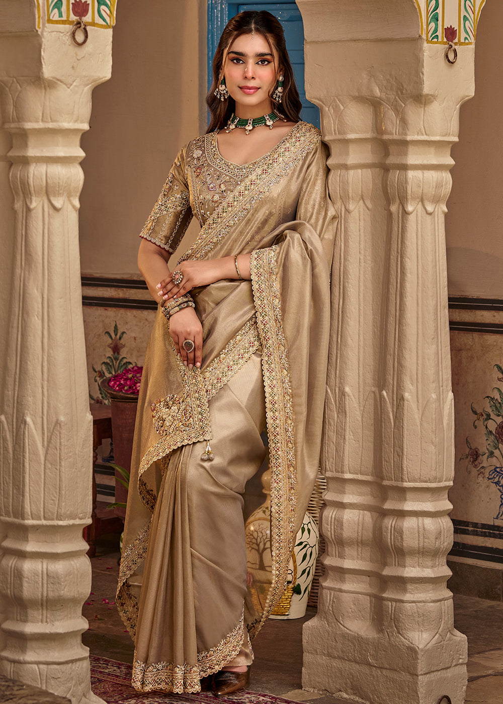 Buy Now Golden Fancy Based Pure Fabric Designer Wear Saree Online in US, UK, Canada, France, Germany, Denmark, Sweden, Italy, Greece, UAE & Worldwide at Empress.