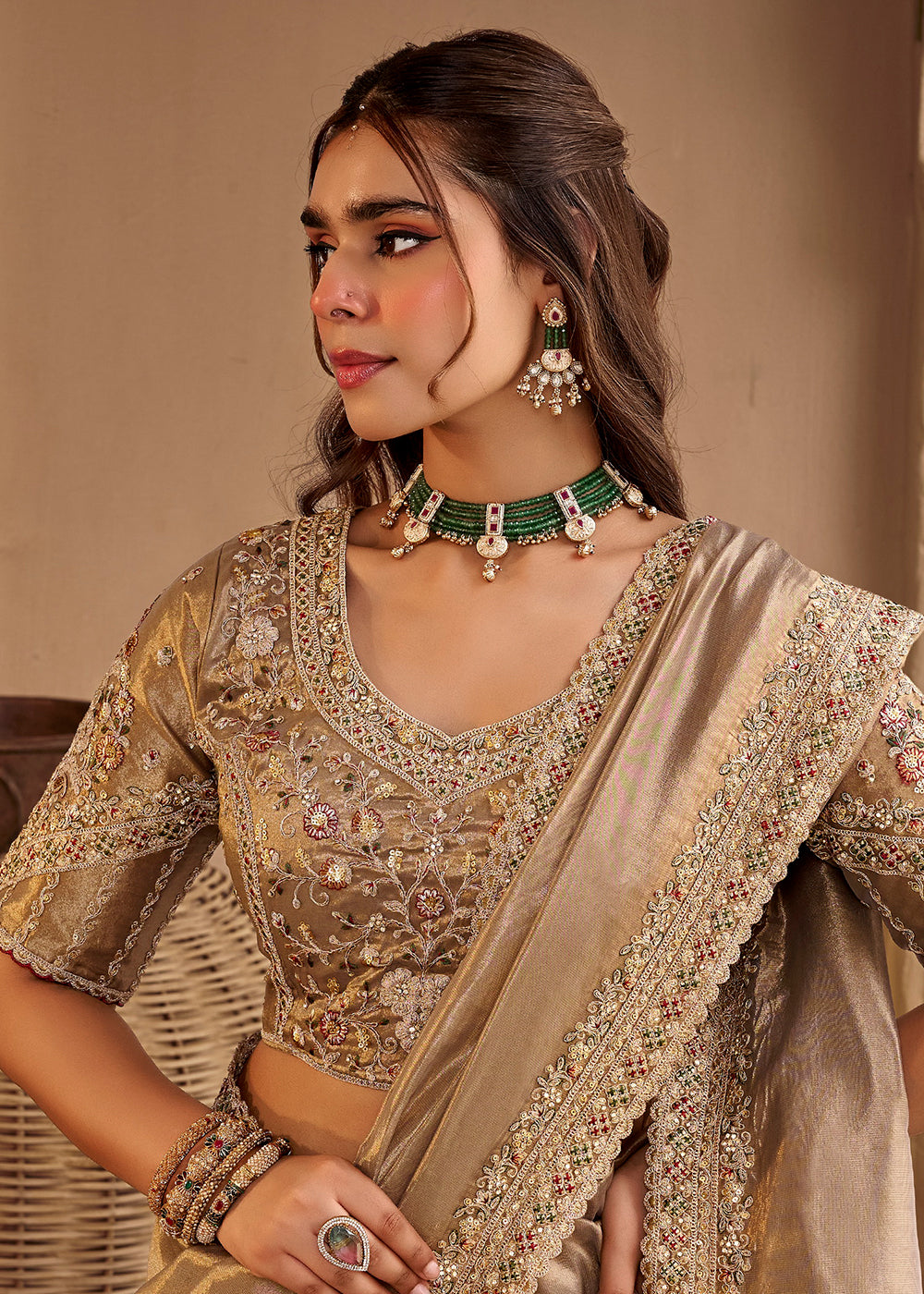 Buy Now Golden Fancy Based Pure Fabric Designer Wear Saree Online in US, UK, Canada, France, Germany, Denmark, Sweden, Italy, Greece, UAE & Worldwide at Empress.