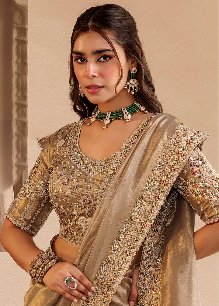 Buy Now Golden Fancy Based Pure Fabric Designer Wear Saree Online in US, UK, Canada, France, Germany, Denmark, Sweden, Italy, Greece, UAE &amp; Worldwide at Empress.