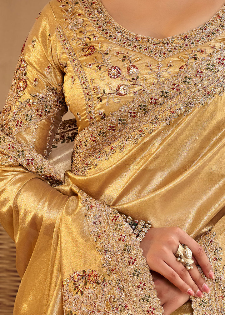 Buy Now Yellow Fancy Based Pure Fabric Designer Wear Saree Online in US, UK, Canada, France, Germany, Denmark, Sweden, Italy, Greece, UAE &amp; Worldwide at Empress