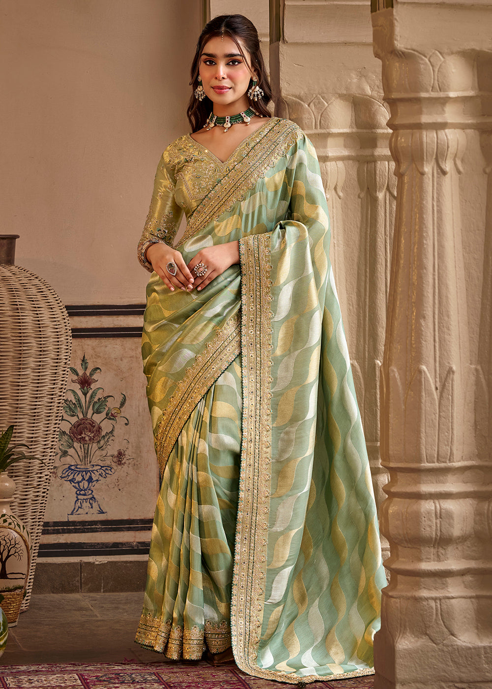 Buy Now Green Fancy Based Pure Fabric Designer Wear Saree Online in US, UK, Canada, France, Germany, Denmark, Sweden, Italy, Greece, UAE & Worldwide at Empress