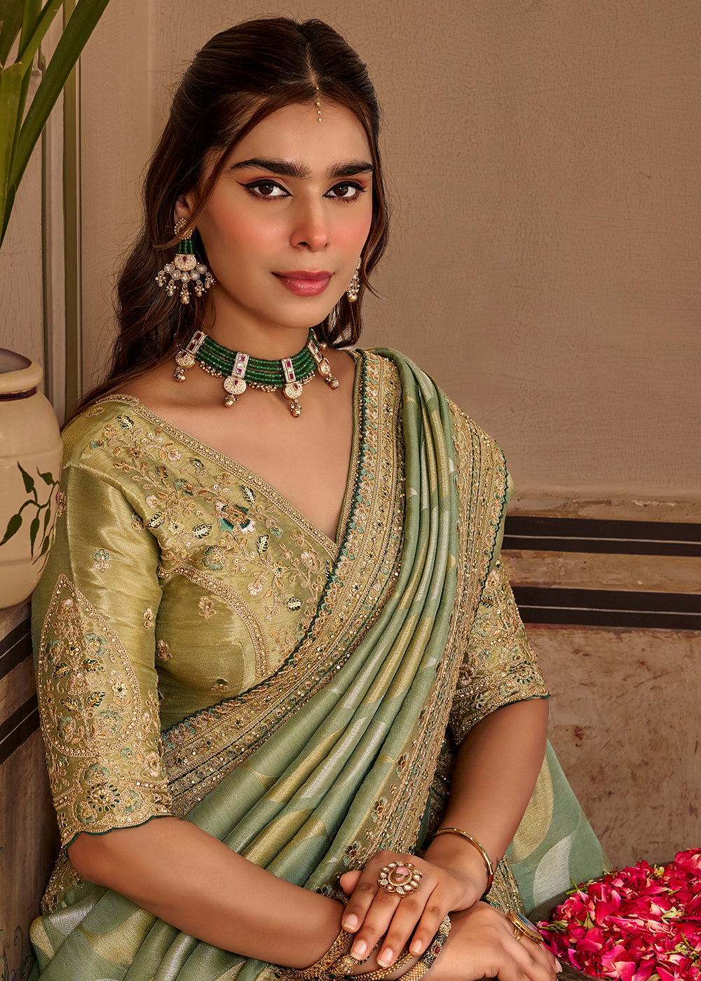 Buy Now Green Fancy Based Pure Fabric Designer Wear Saree Online in US, UK, Canada, France, Germany, Denmark, Sweden, Italy, Greece, UAE & Worldwide at Empress