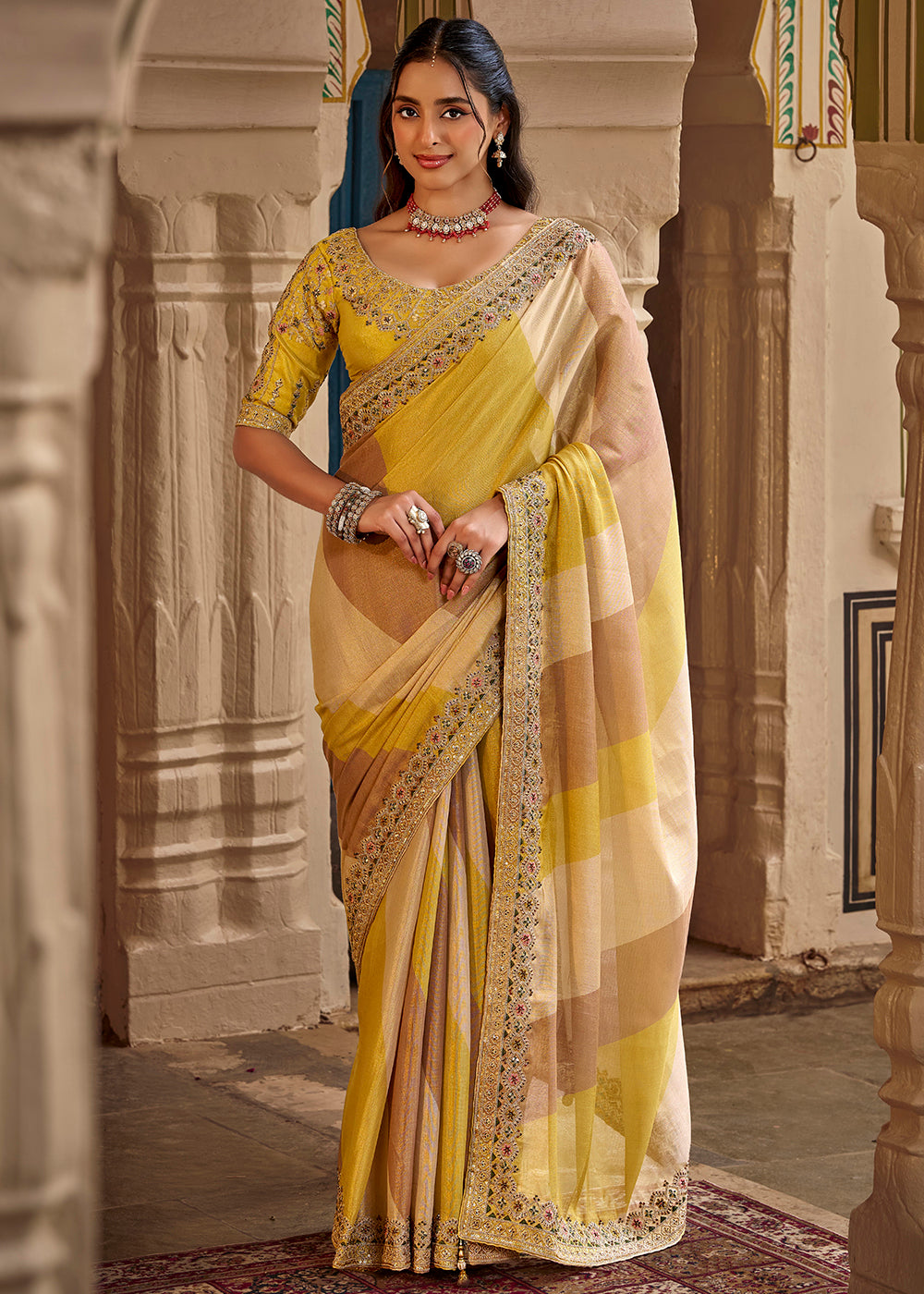 Buy Now Multi Yellow Fancy Based Pure Fabric Designer Wear Saree Online in US, UK, Canada, France, Germany, Denmark, Sweden, Italy, Greece & Worldwide at Empress