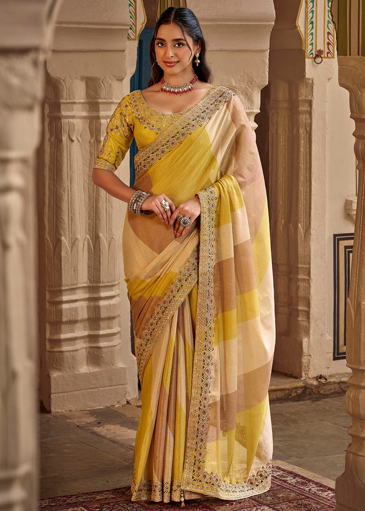 Buy Now Multi Yellow Fancy Based Pure Fabric Designer Wear Saree Online in US, UK, Canada, France, Germany, Denmark, Sweden, Italy, Greece &amp; Worldwide at Empress