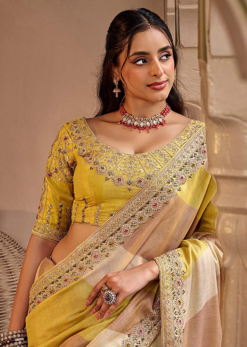 Buy Now Multi Yellow Fancy Based Pure Fabric Designer Wear Saree Online in US, UK, Canada, France, Germany, Denmark, Sweden, Italy, Greece &amp; Worldwide at Empress