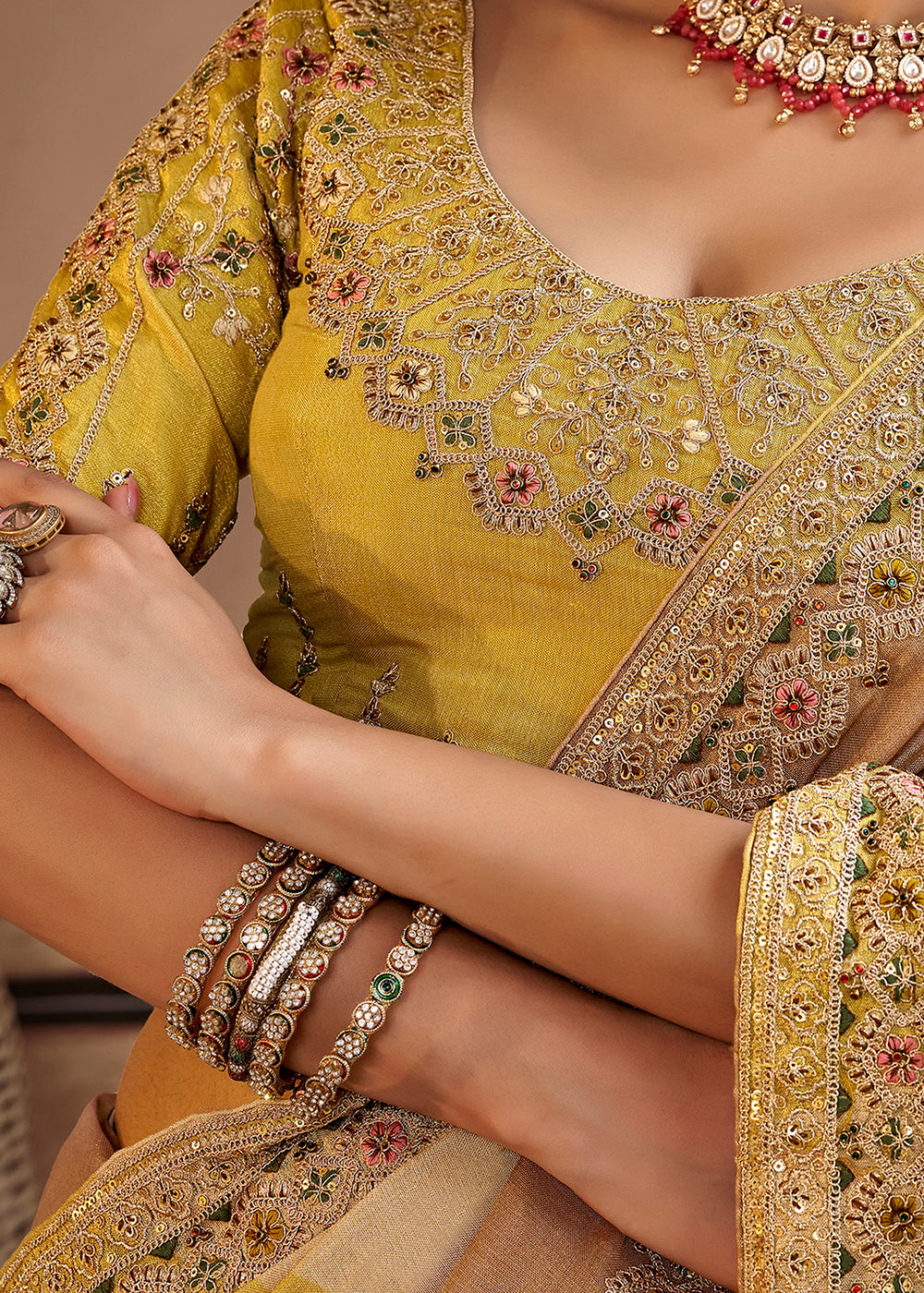 Buy Now Multi Yellow Fancy Based Pure Fabric Designer Wear Saree Online in US, UK, Canada, France, Germany, Denmark, Sweden, Italy, Greece &amp; Worldwide at Empress