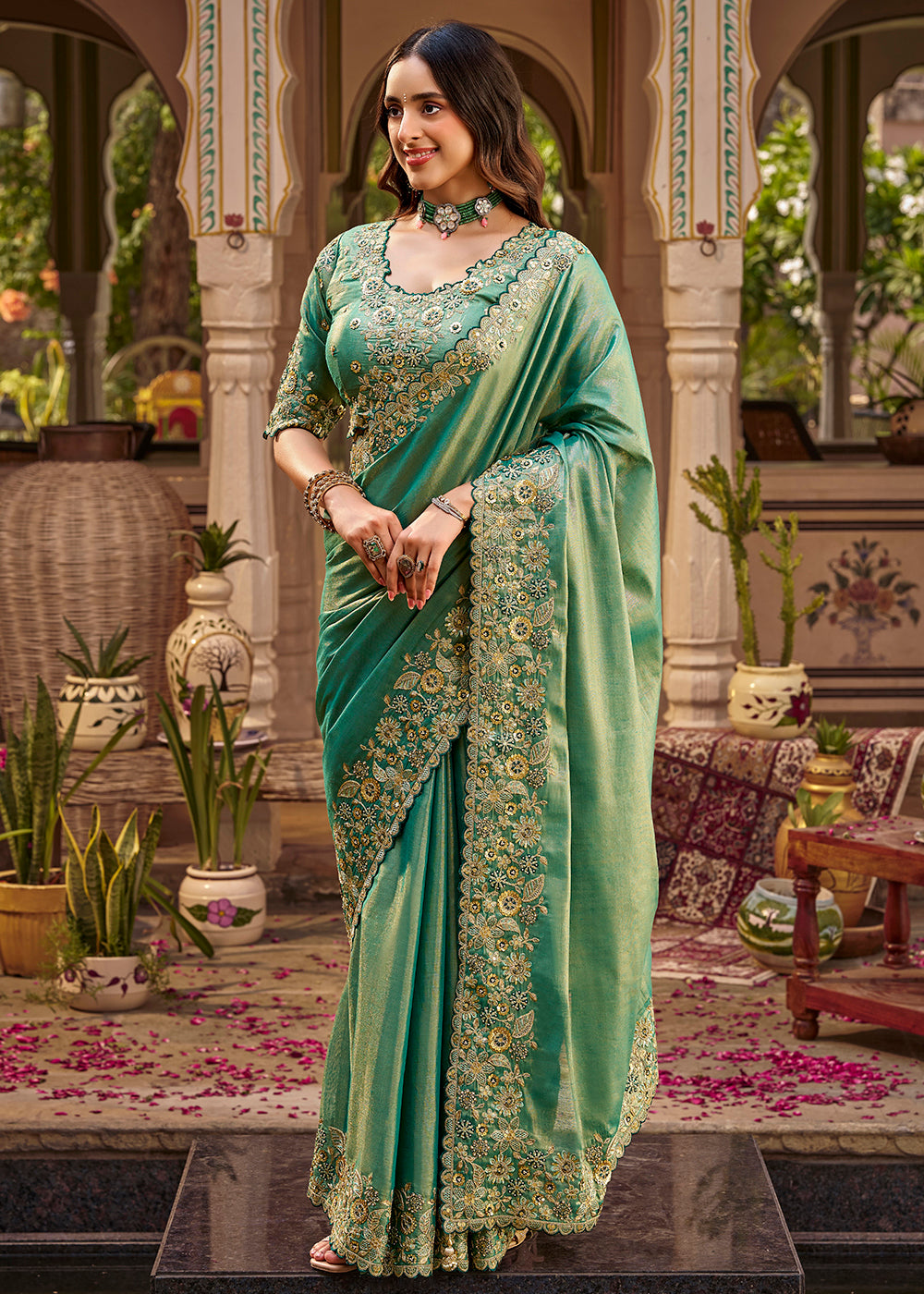 Buy Now Green Fancy Based Pure Fabric Designer Wear Saree Online in US, UK, Canada, France, Germany, Denmark, Sweden, Italy, Greece, UAE & Worldwide at Empress.