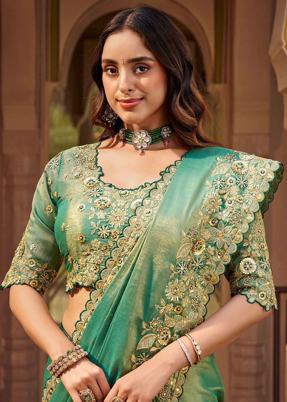 Buy Now Green Fancy Based Pure Fabric Designer Wear Saree Online in US, UK, Canada, France, Germany, Denmark, Sweden, Italy, Greece, UAE & Worldwide at Empress.